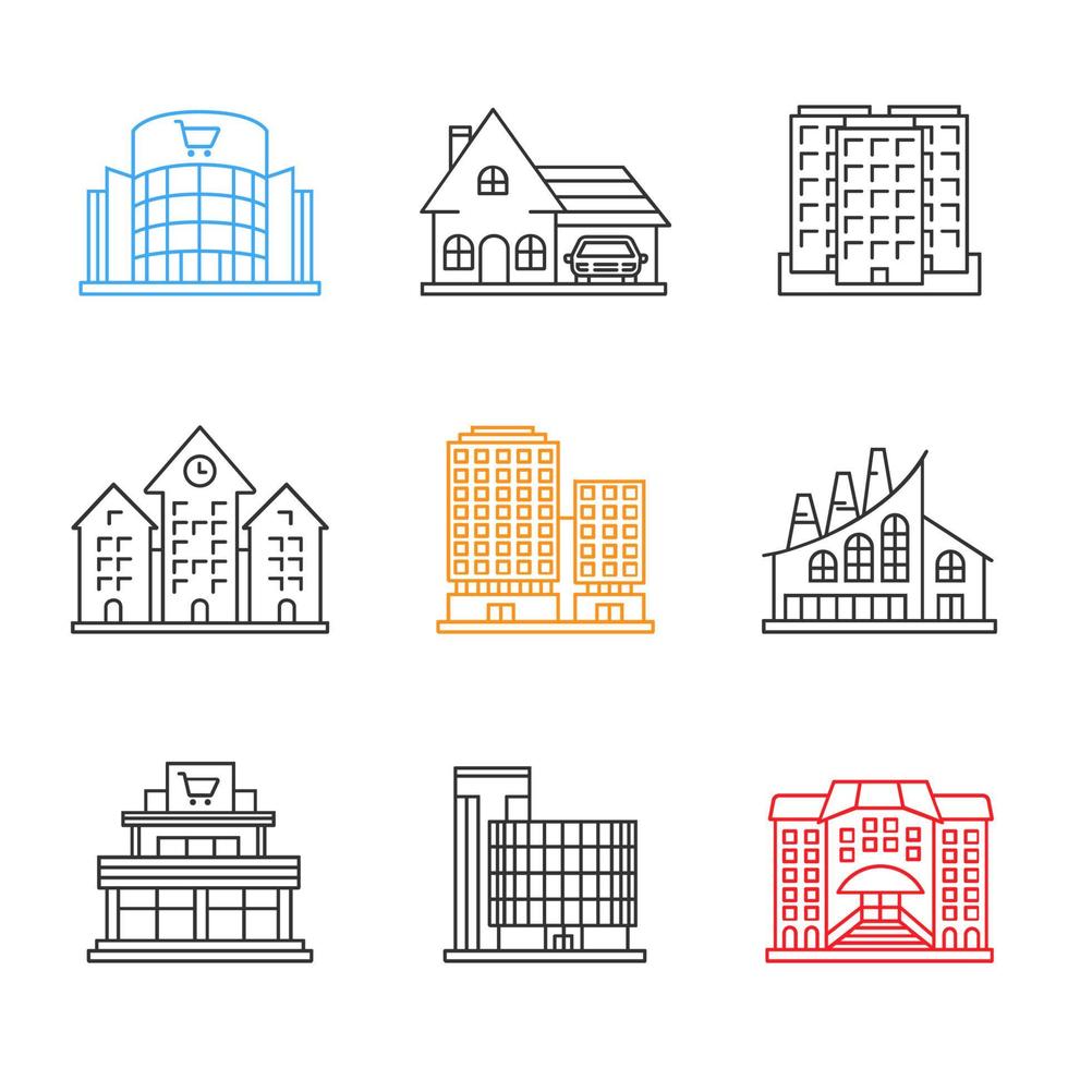 City buildings linear icons set. Shopping malls, business center, cottage, town hall, industrial factory, hotel, multi-storey building. Thin line contour symbols. Isolated vector outline illustrations