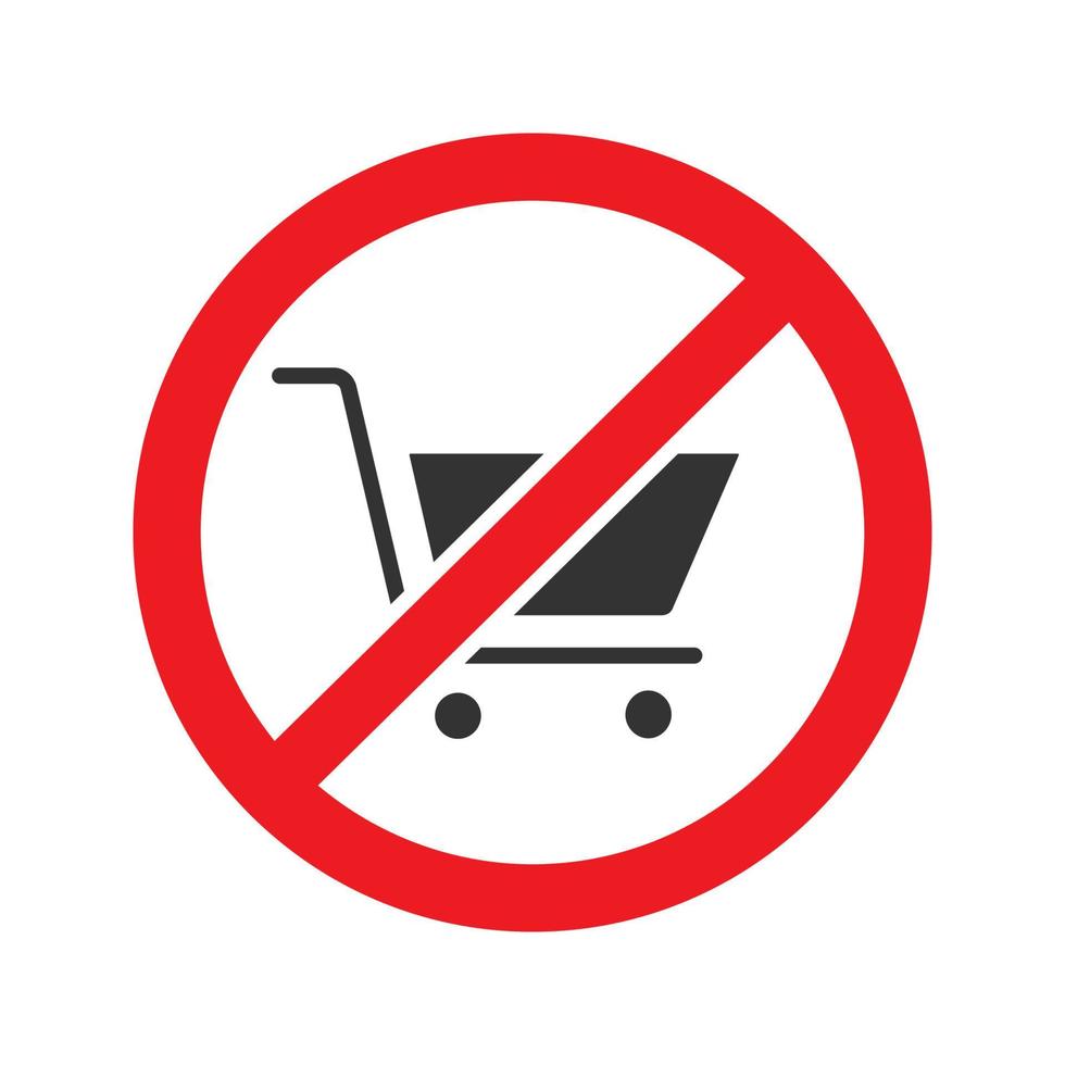 Señal de prohibido con el icono de glifo de carrito de compras. detener el símbolo de la silueta. Prohibición de carritos de compra. espacio negativo. vector ilustración aislada