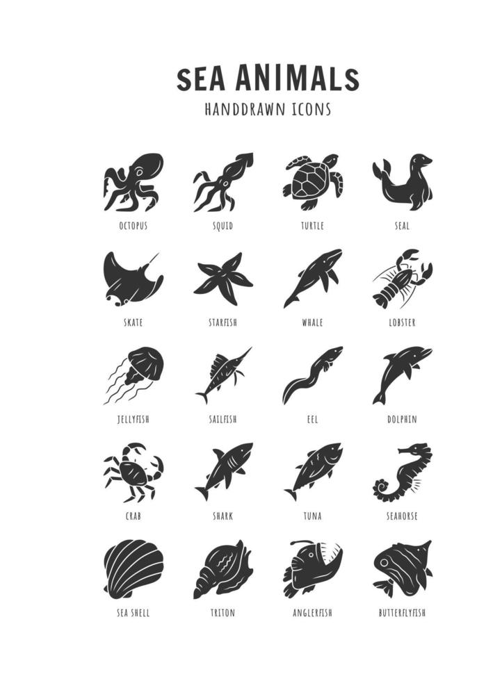 Sea animals glyph icons set. Starfish, butterflyfish, seal. Ocean wildlife. Aquatic tropical fish species. Undersea world. Oceanography and zoology. Silhouette symbols. Vector isolated illustration