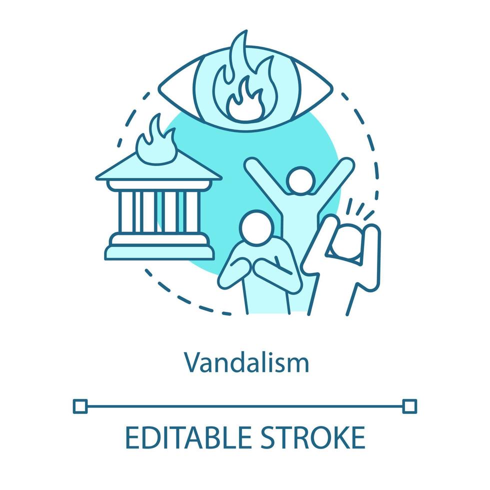 Vandalism concept icon. Civil unrest, property destruction, mob violence idea thin line illustration. Aggressive crowd, burning house and flaming eye vector isolated outline drawing. Editable stroke