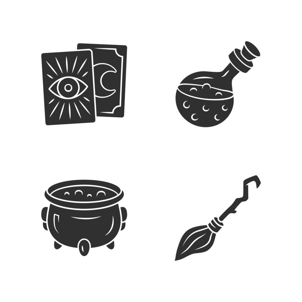 Magic glyph icons set. Tarot cards, potion, witch cauldron and broomstick. Witchcraft and sorcery Halloween items. Silhouette symbols. Vector isolated illustration