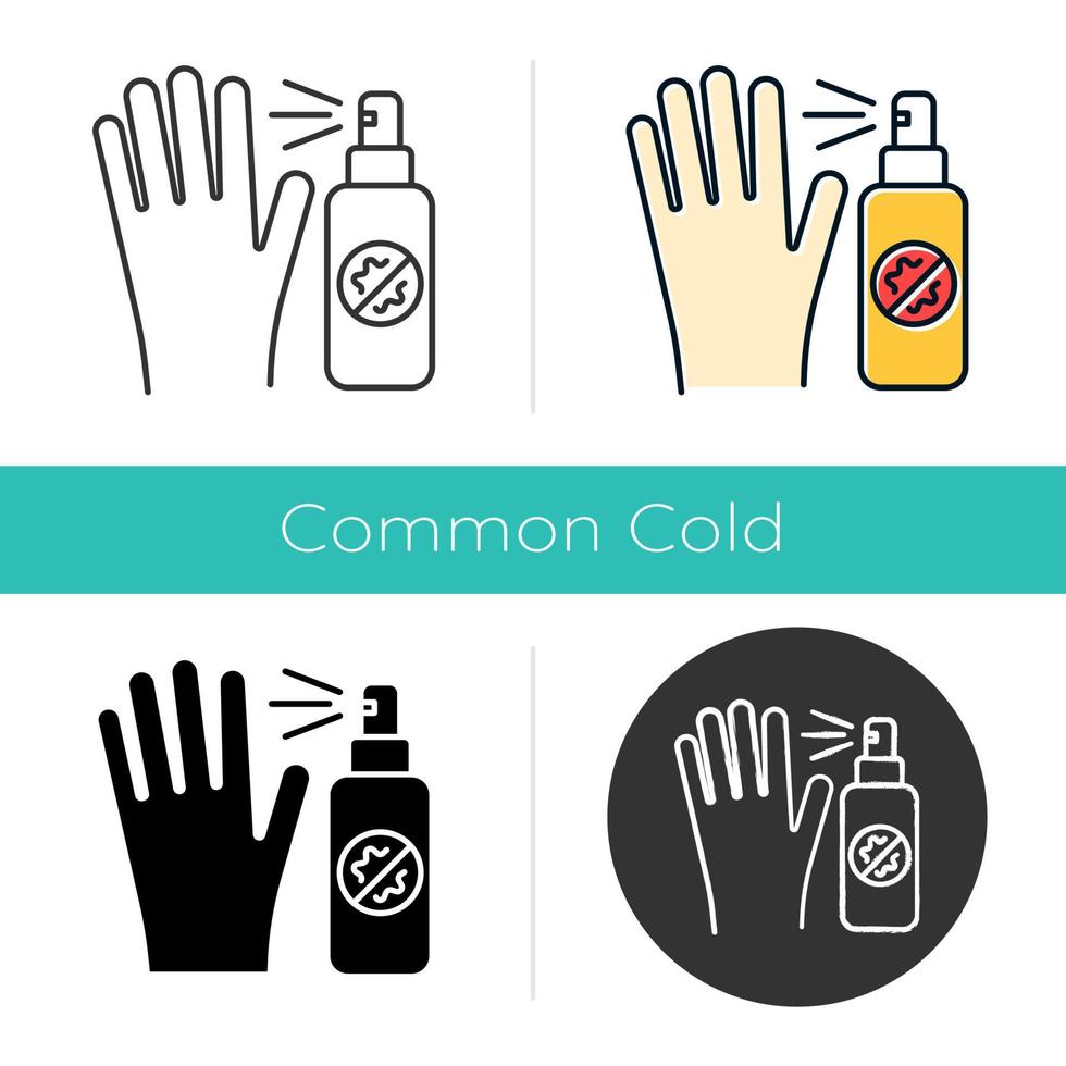 Antiseptic icon. Sanitary and disinfection. Cleansing hand. Antibacterial. Common cold precaution. Healthcare. Virus prevention. Flat design, linear and color styles. Isolated vector illustrations