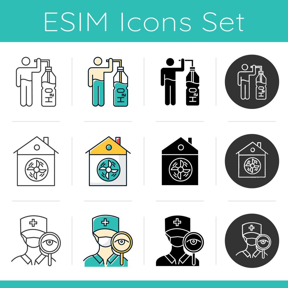 Common cold icons set. Drink water. Liquid in bottle. House ventilation. Doctor visit. Hospital checkup. Conditioning. Flat design, linear, black and color styles. Isolated vector illustrations