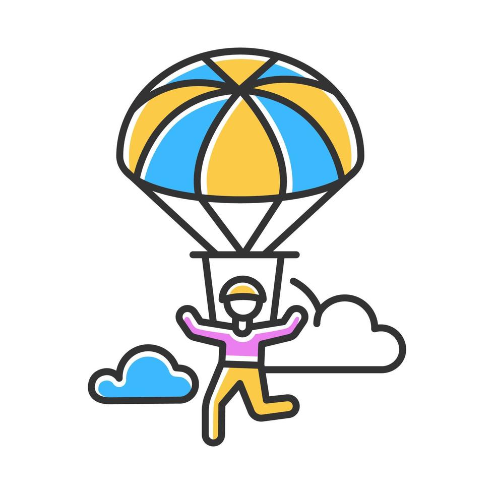 Parachuting color icon. Paragliding, paratrooping activity. Air extreme sport. Skydiving, hang gliding recreation. Flights in sky and jumps with parachute. Isolated vector illustration