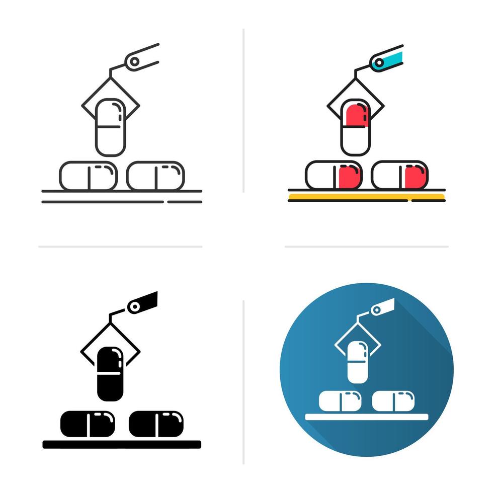 Pharmaceutical industry icon. Drug sector. Conveyor automatic pills production line at factory. Capsules manufacturing. Flat design, linear and color styles. Isolated vector illustrations