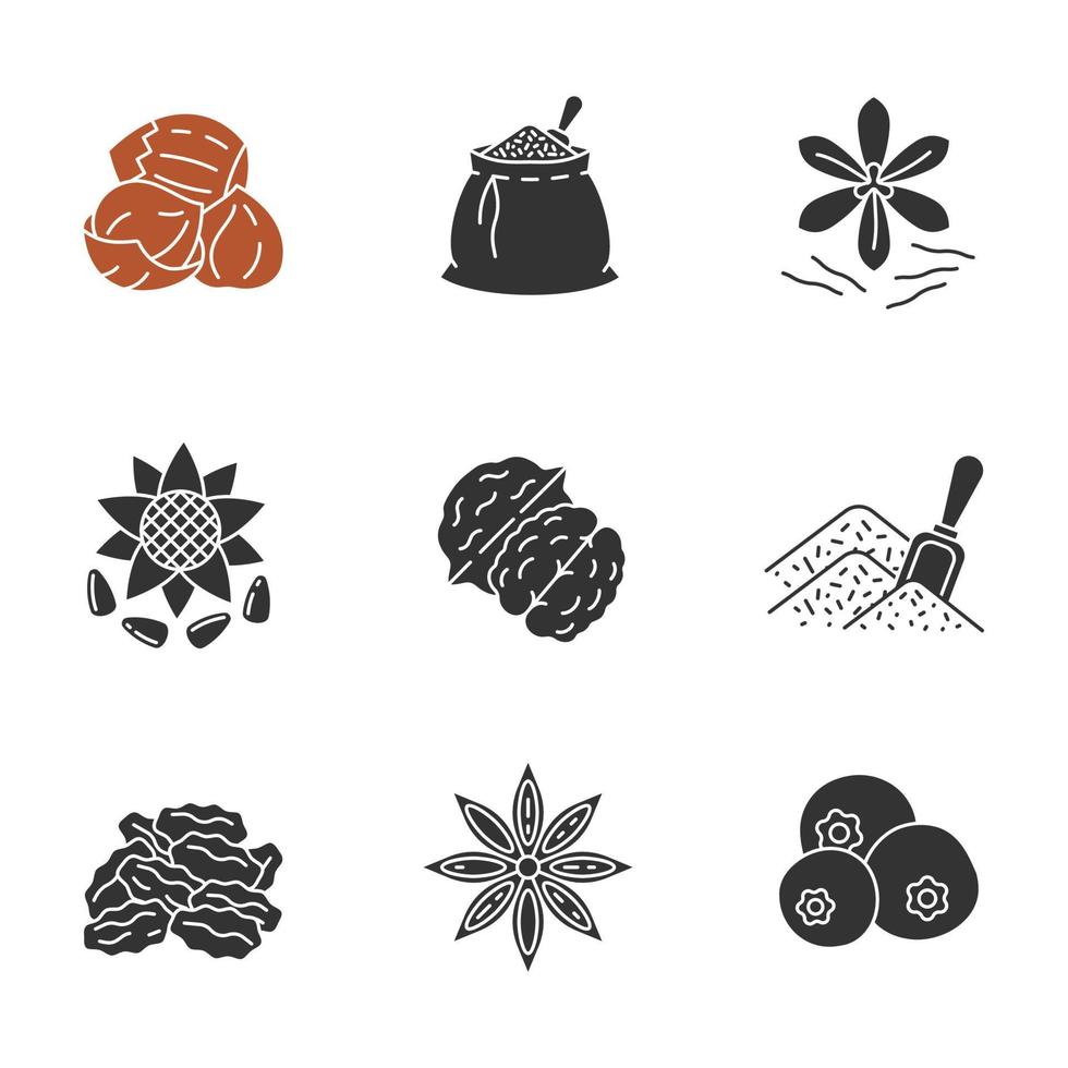 Spices glyph icons set. Silhouette symbols. Hazelnut, spices bag, saffron, sunflower seeds, walnut, bulk spices, dried goji berries, allspice, anise. Vector isolated illustration