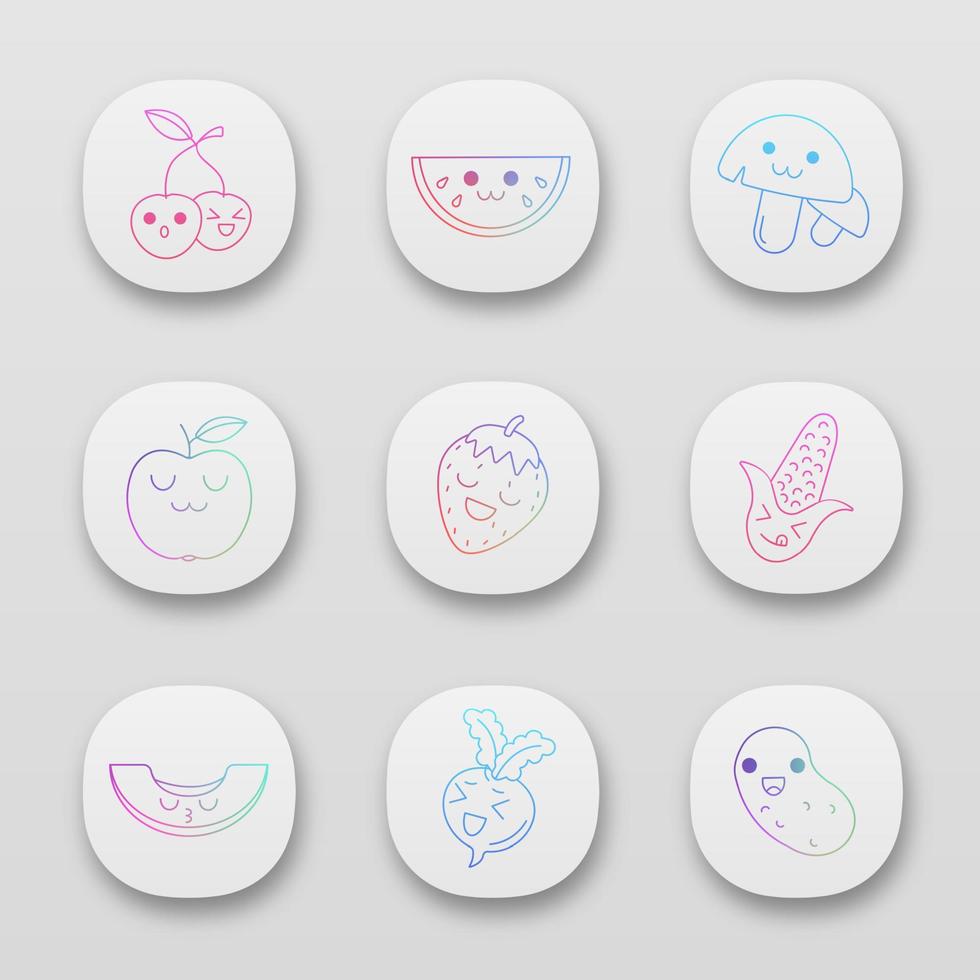 Vegetables and fruits cute kawaii app characters set vector