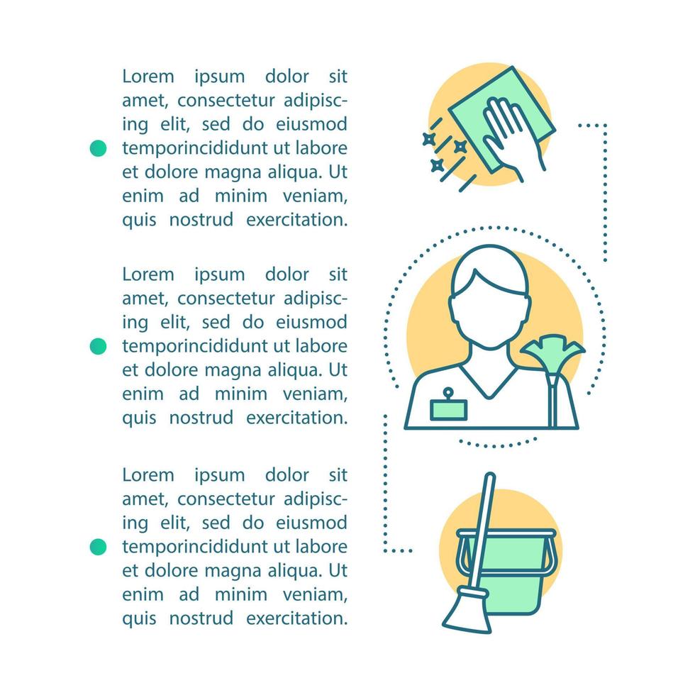 Plantilla de vector de página de artículo de servicios de limpieza. ayuda del hogar. folleto, revista, elemento de diseño de folleto con iconos lineales y cuadros de texto. diseño de impresión. ilustraciones de concepto con espacio de texto