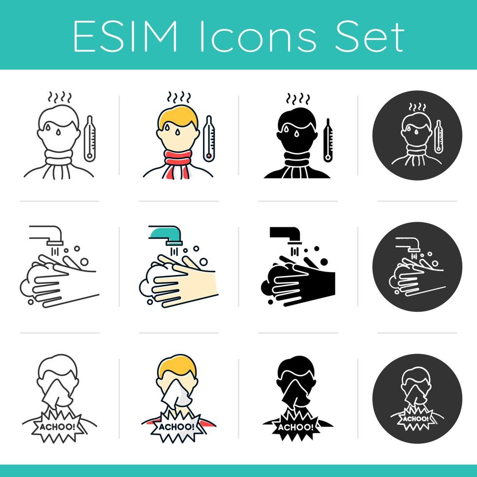 Common cold icons set. High temperature. Fever, disease. Rinse hands to disinfect. Man coughing. Healthcare. Hygiene. Flat design, linear, black and color styles. Isolated vector illustrations