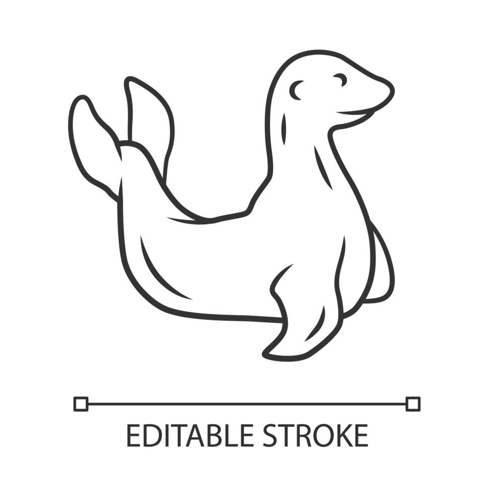 Seal linear icon. Pinniped mammal. Antarctic sea lion. Aquatic animal with flippers. Wildlife creature. Thin line illustration. Contour symbol. Vector isolated outline drawing. Editable stroke