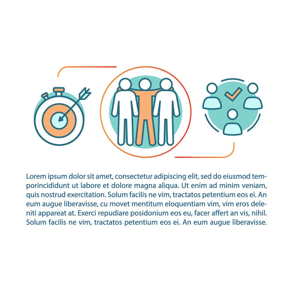 Teamwork activities article page vector template. Team building. Brochure, magazine, booklet design element with linear icons and text boxes. Print design. Concept illustrations with text space