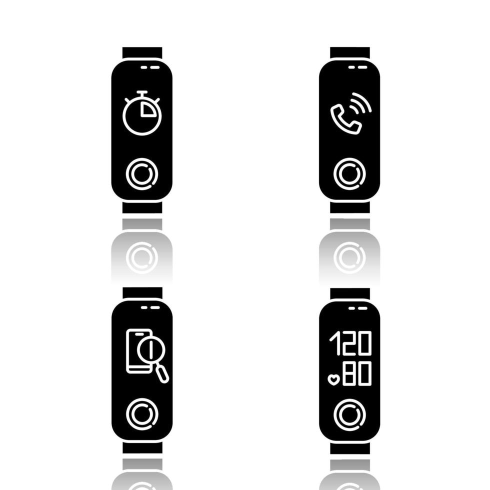 Fitness tracker functions drop shadow black glyph icons set. Weelness accessory with incoming call and lost phone location option. Blood pressure and stopwatch pictogram. Isolated vector illustrations