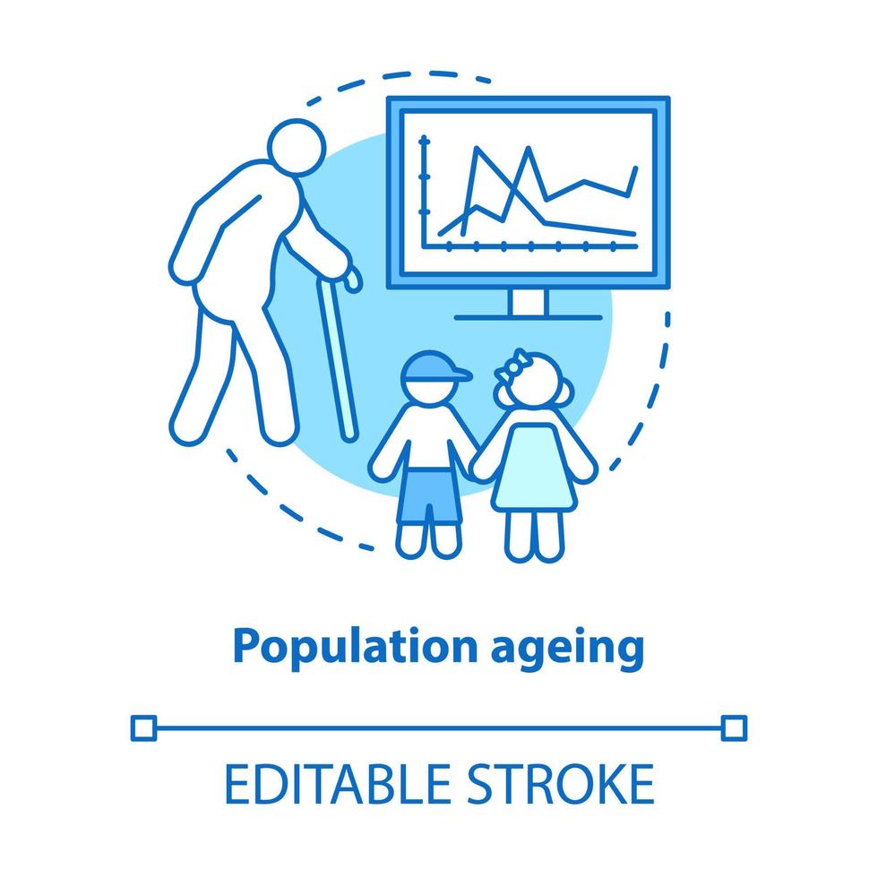 Population ageing concept icon. Elderly people number increasing on planet idea thin line illustration. Demographic problems with lack of youth. Vector isolated outline drawing. Editable stroke