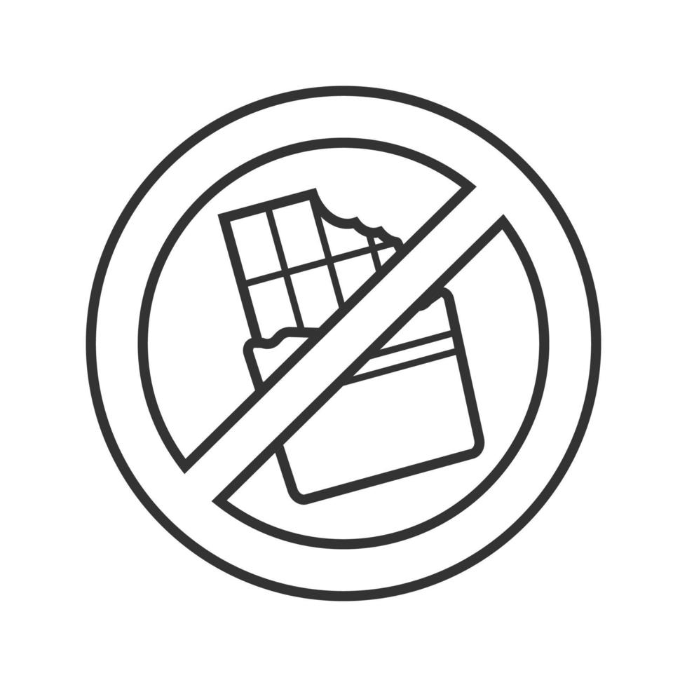 Forbidden sign with chocolate bar linear icon. Thin line illustration. No sweet food prohibition. Stop contour symbol. Vector isolated outline drawing