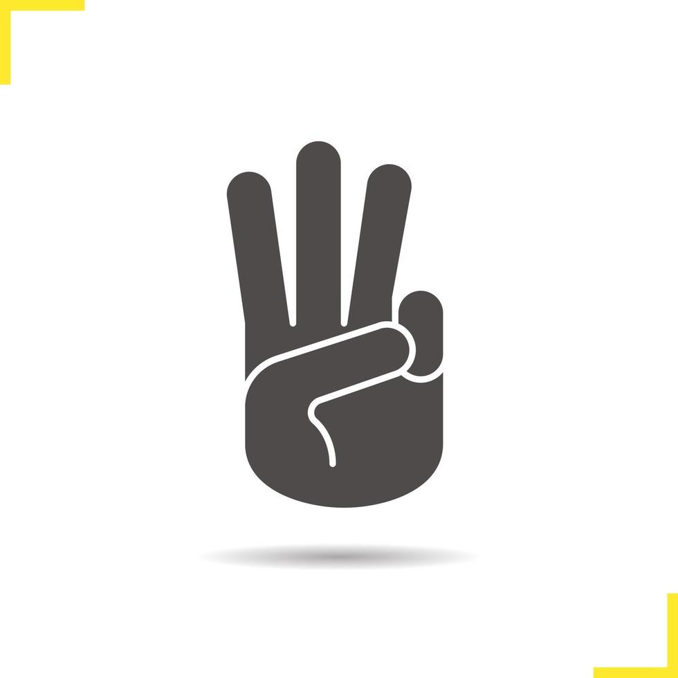 Three fingers up icon. Drop shadow silhouette symbol. Scout promise sign. Negative space. Vector isolated illustration