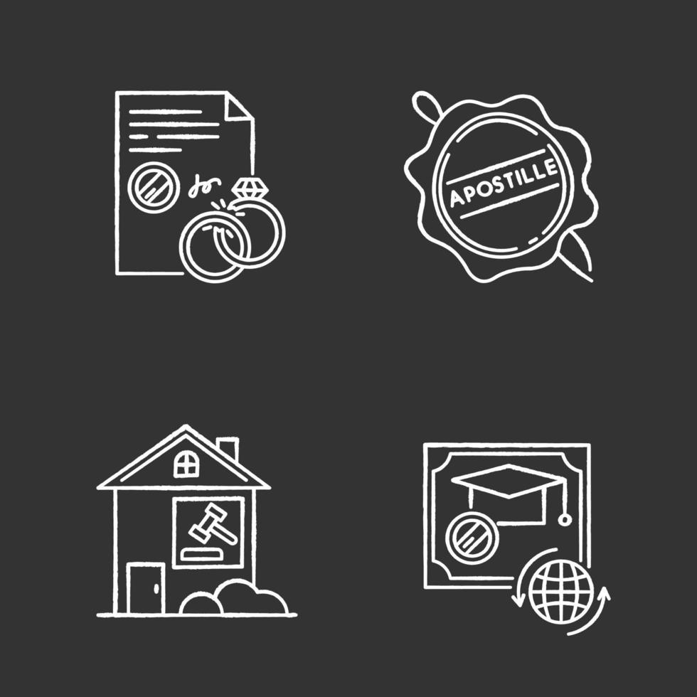 Notary services chalk white icons set on black background. Apostille and legalization. Divorce. Diploma. Real estate litigation. Wax seal. Notarized document. Isolated vector chalkboard illustrations