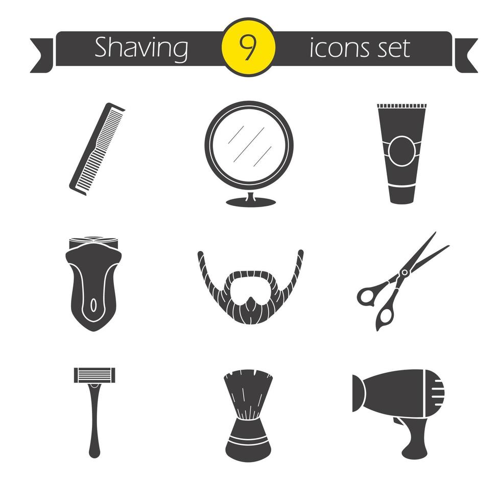 Shaving icons set. Barber shop silhouette symbols. Electric shaver, scissors and comb, after shave cream, mirror, shaving brush, hairdryer and beard. Vector isolated illustration
