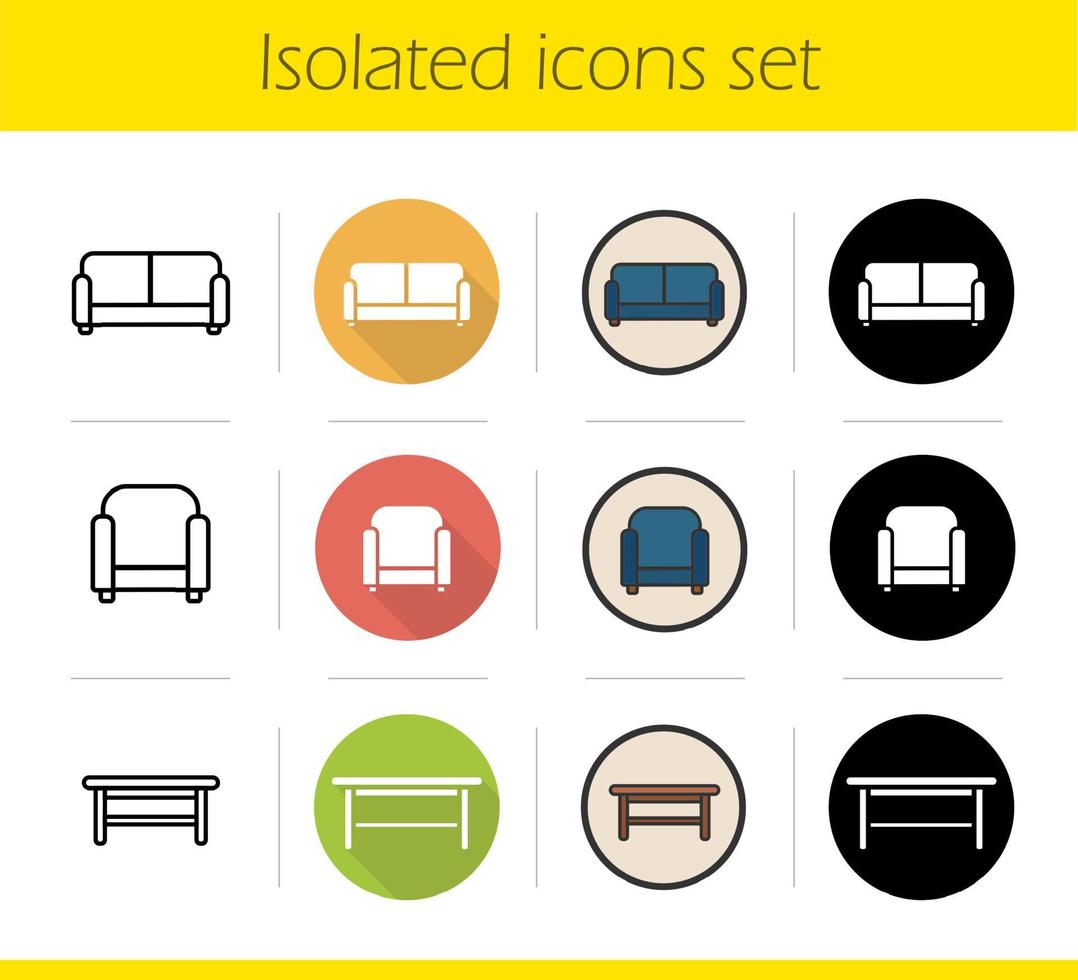 Furniture icons set. Flat design, linear, black and color styles. Sofa, armchair, classic table. Isolated vector illustrations