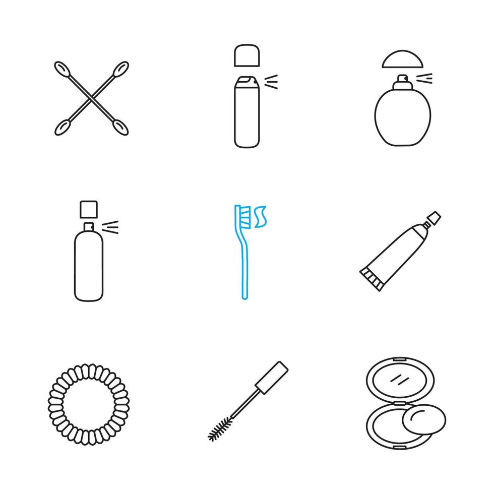 Cosmetics accessories linear icons set. Earsticks, deodorant bottles, perfume, toothbrush, toothpaste, hair scrunchy, mascara, rouge. Thin line contour symbols. Isolated vector outline illustrations