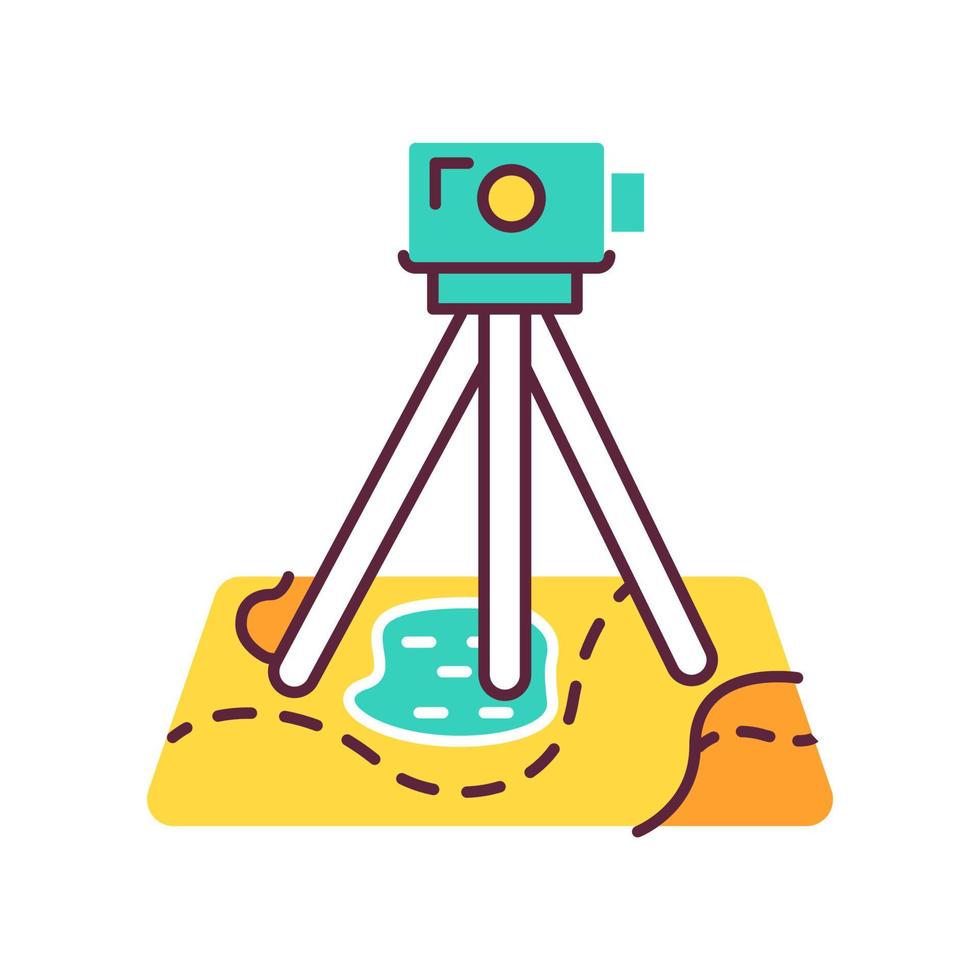 Field survey color icon. Research equipment. Archeological examination. Digital tool on map. Land review. Geological inspection. Topographic data gathering. Isolated vector illustration