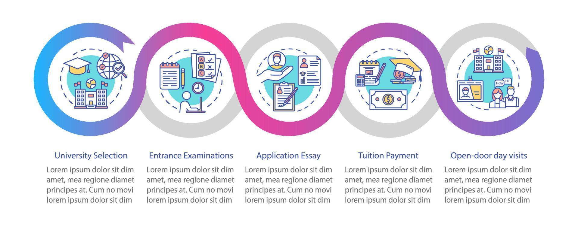 University entrance vector infographic template. Business presentation design elements. Data visualization with 5 steps and options. Process timeline chart. Workflow layout with linear icons