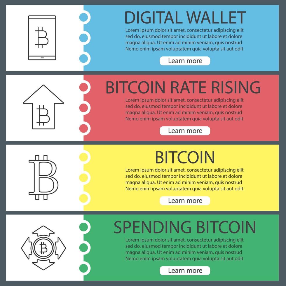 Bitcoin web banner templates set. Bitcoin sign, digital storage, spending, rate rising. Website color menu items with linear icons. Vector headers design concepts