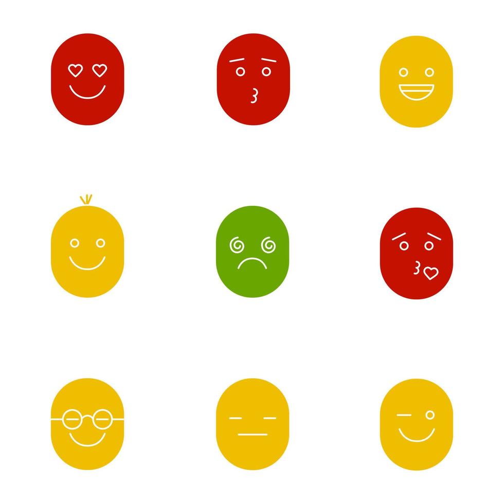 conjunto de iconos de color de glifo de sonrisas. símbolos de silueta sobre fondos blancos. buen y mal humor. Enamorado, besando, riendo, mareado, inteligente, serio, con caras guiñando un ojo. espacio negativo. ilustraciones vectoriales vector