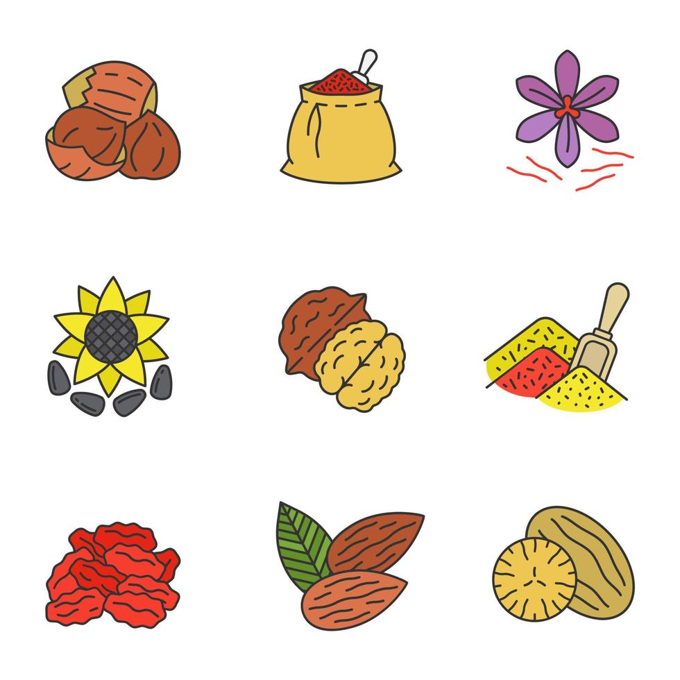 Spices color icons set. Hazelnut, spices bag, saffron, sunflower seeds, walnut, bulk spices, dried goji berries, almond, nutmeg. Isolated vector illustrations
