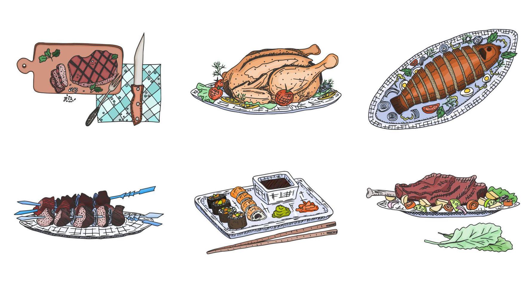 meat dishes of the world sushi chicken and ham new vector