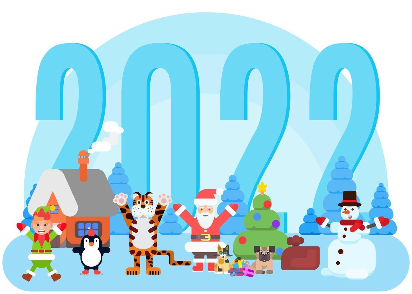 new year 2022 tiger poster and santa claus flat vector