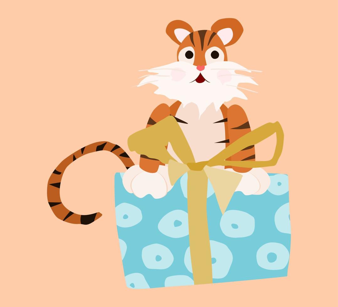 tiger and a large gift with a bow. flat style new vector