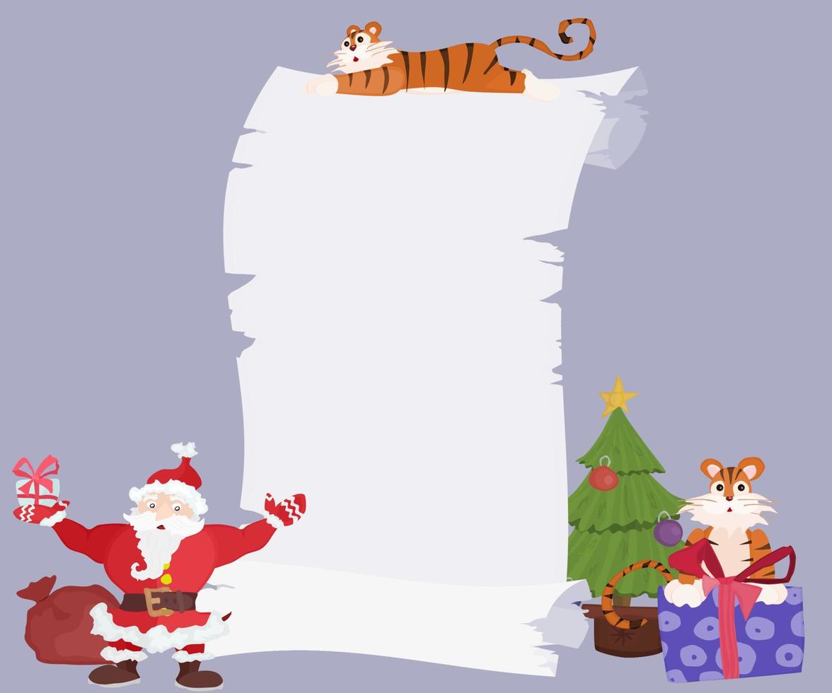 tigers and santa claus with gifts near the scroll vector