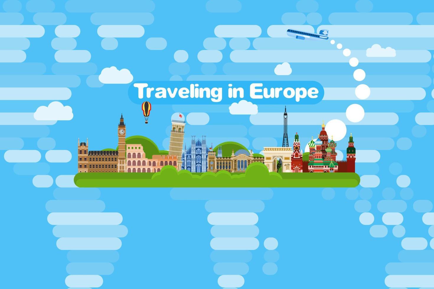 travel around europe by plane to the sights. flat vector