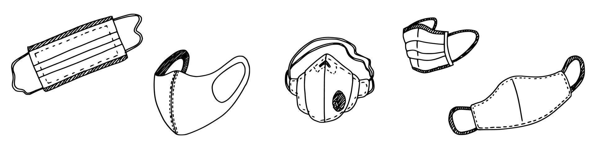 set of medical masks virus protection. doodle new vector