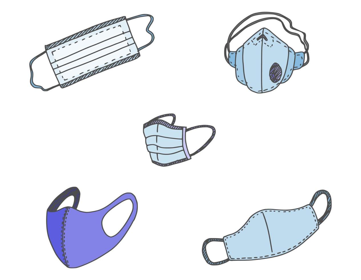 colored protective medical masks. doodle style vector