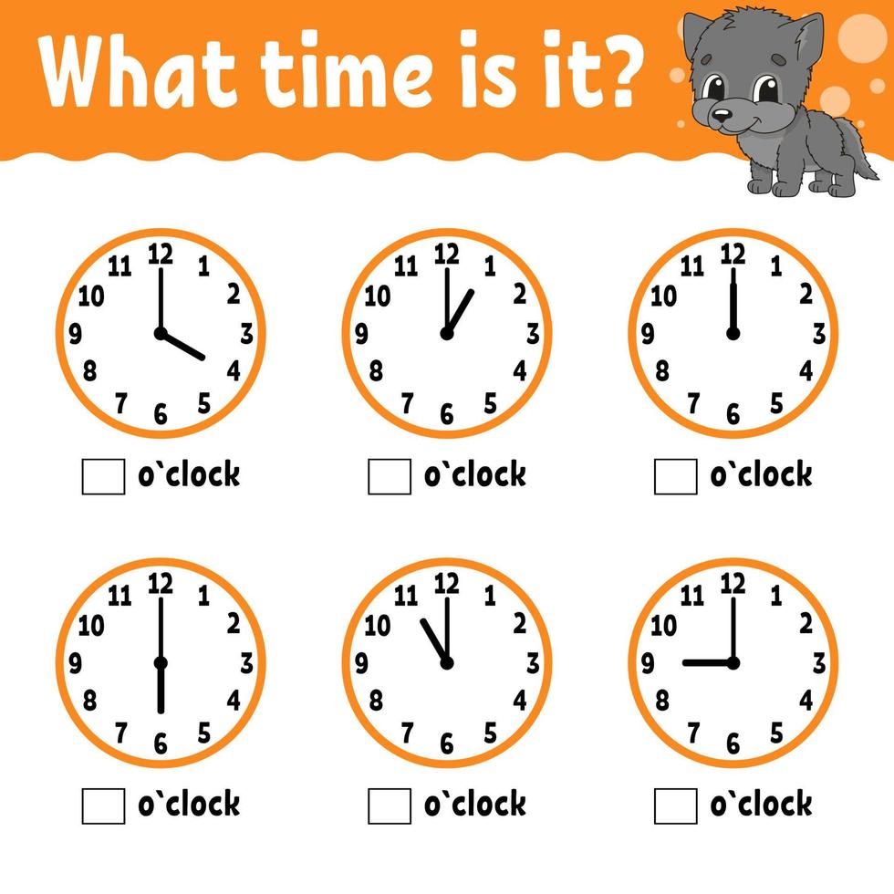 Learning time on the clock. Educational activity worksheet for kids and toddlers. Game for children. Simple flat isolated color vector illustration in cute cartoon style.