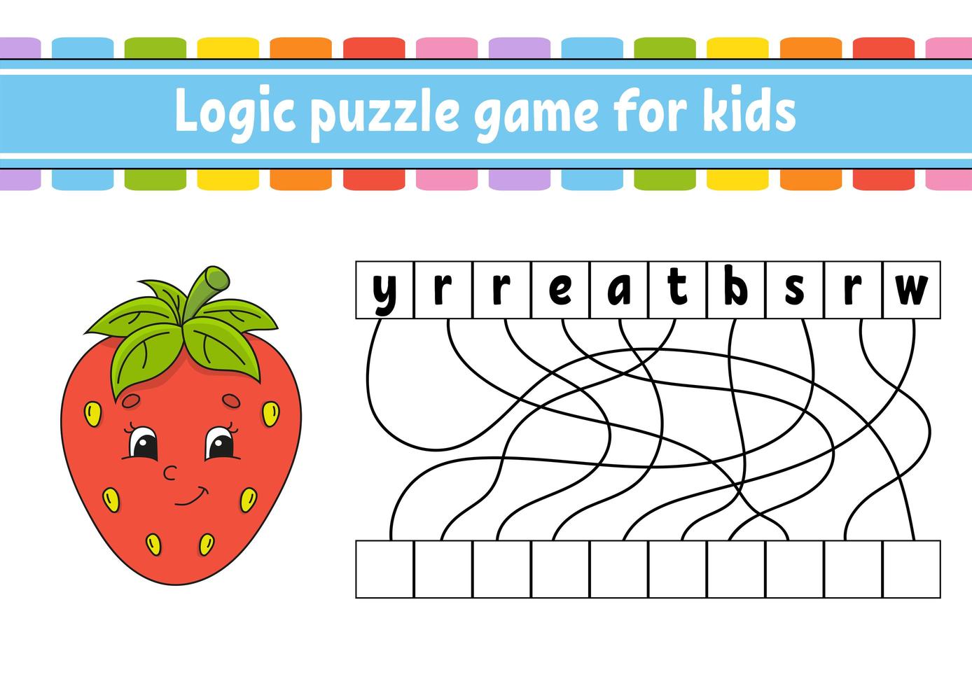 Logic puzzle game. Red strawberry. Learning words for kids. Find the hidden name. Worksheet, Activity page. English game. Isolated vector illustration. Cartoon character.