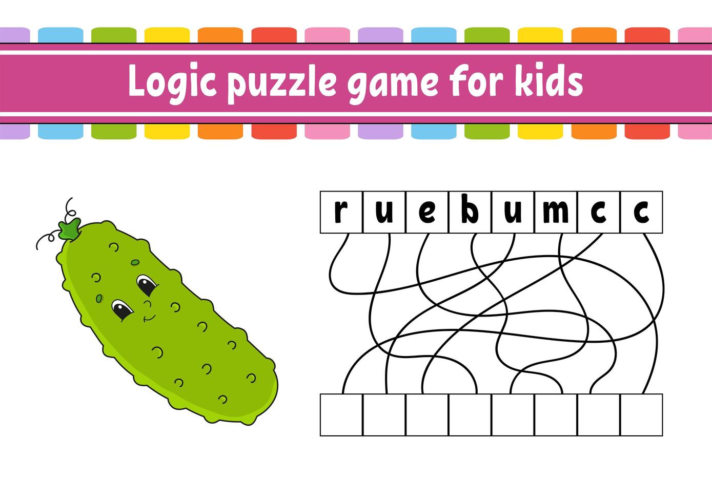 Logic puzzle game. Learning words for kids. Vegetable cucumber. Find the hidden name. Worksheet, Activity page. English game. Isolated vector illustration. Cartoon character.