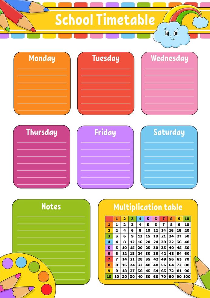 horario escolar con tabla de multiplicar. para la educación de los niños. Aislado en un fondo blanco. con un lindo personaje de dibujos animados. vector