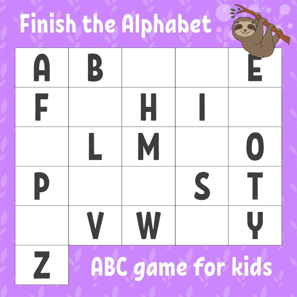 Finish the alphabet. ABC game for kids. Education developing worksheet. Brown sloth. Learning game for kids. Color activity page. vector