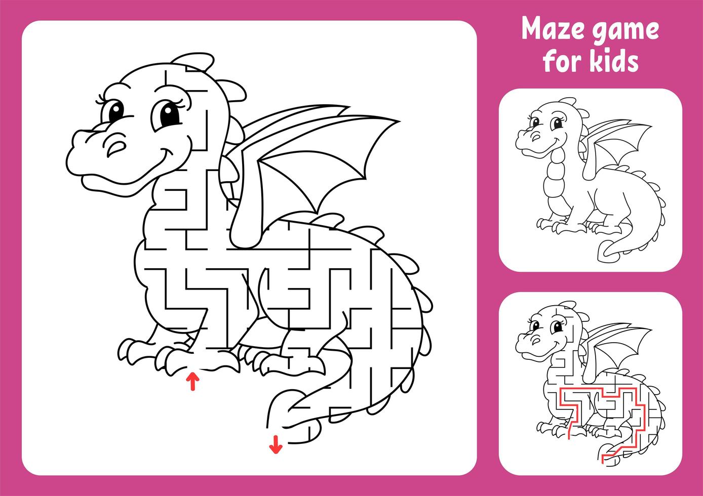 Abstract maze. Fairytale dragon. Game for kids. Puzzle for children. Labyrinth conundrum. Find the right path. Education worksheet. With answer. vector