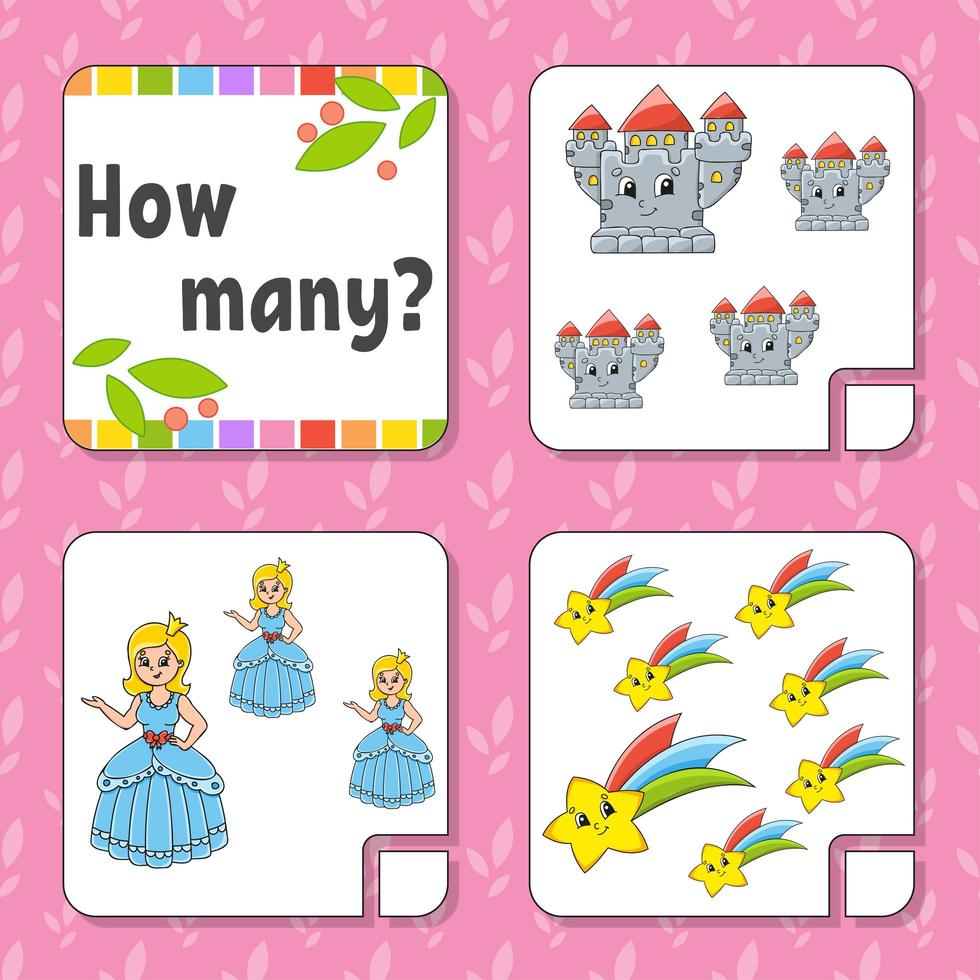 Counting game for children. Happy characters. Learning mathematics. How many object in the picture. Education worksheet. With space for answers. Isolated vector illustration in cute cartoon style.