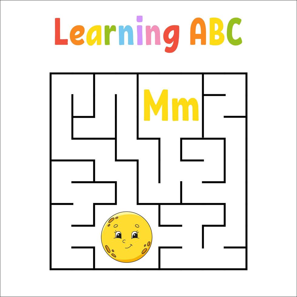Square maze. Game for kids. Quadrate labyrinth. Education worksheet. Activity page. Learning English alphabet. Cartoon style. Find the right way. Color vector illustration.
