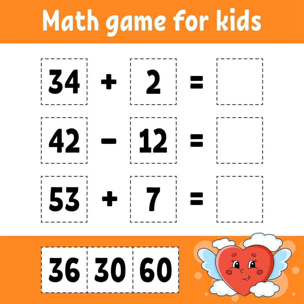Math game for kids. Education developing worksheet. Activity page with pictures. Game for children. Valentine's Day. Color isolated vector illustration. Funny character. Cartoon style.