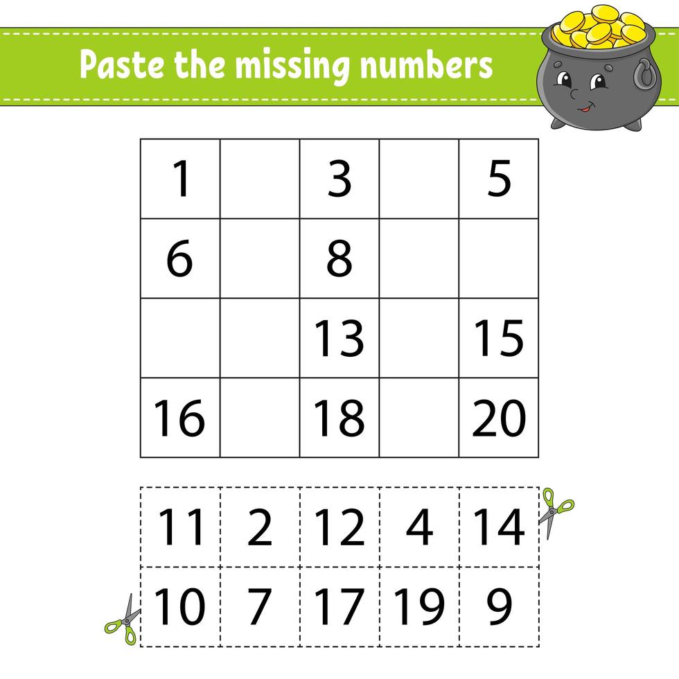 Paste the missing numbers 1-20. Game for children. Handwriting practice. Learning numbers for kids. Education developing worksheet. Activity page. Isolated vector illustration in cute cartoon style.