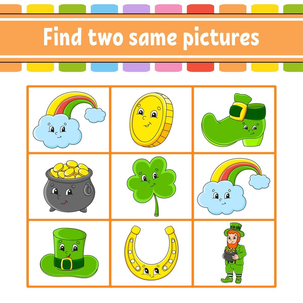 Find two same pictures. Task for kids. St. Patrick's day. Education developing worksheet. Activity page. Color game for children. Funny character. Isolated vector illustration. Cartoon style.