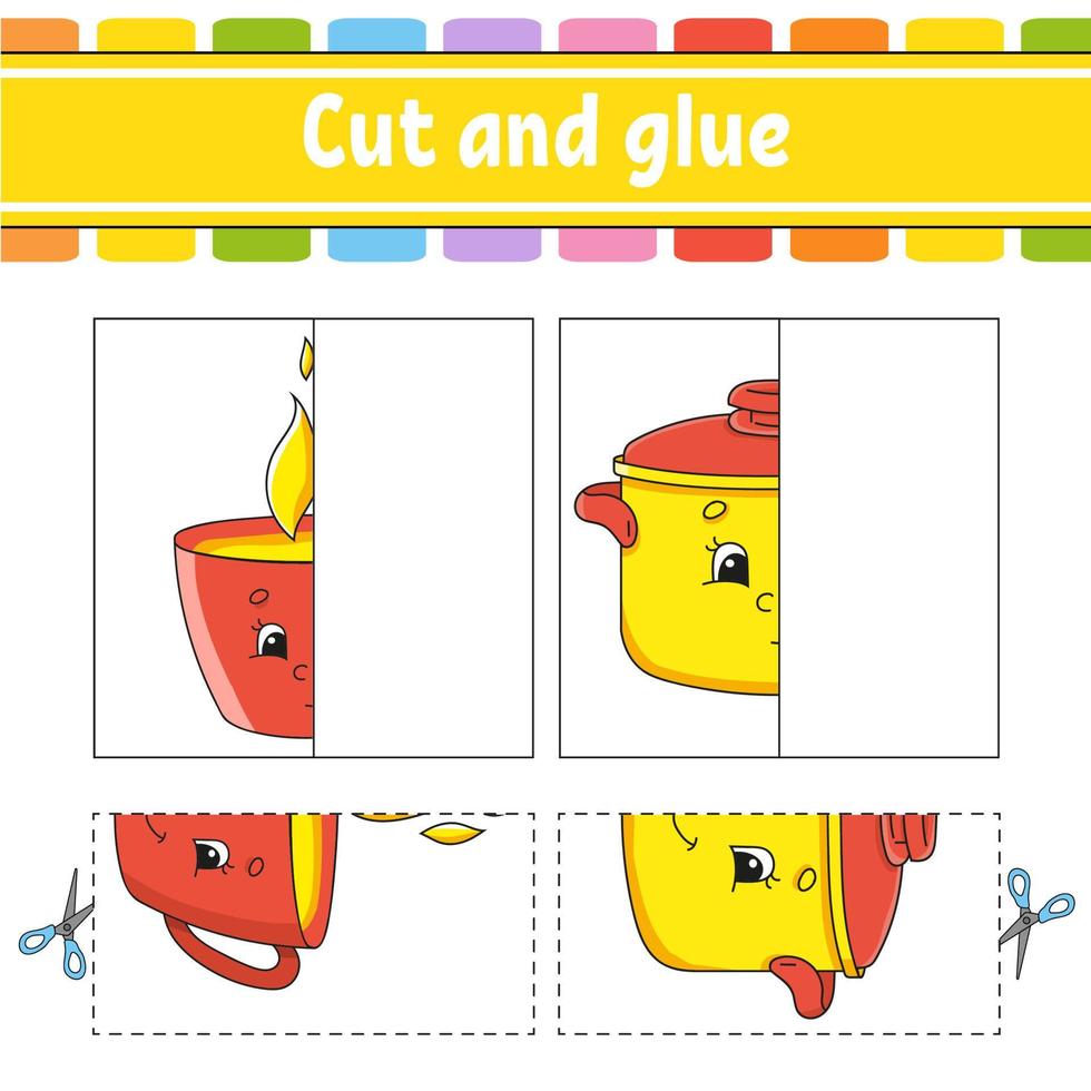 Cut and play. Paper game with glue. Flash cards. Education worksheet. Activity page. Funny character. Isolated vector illustration. Cartoon style.