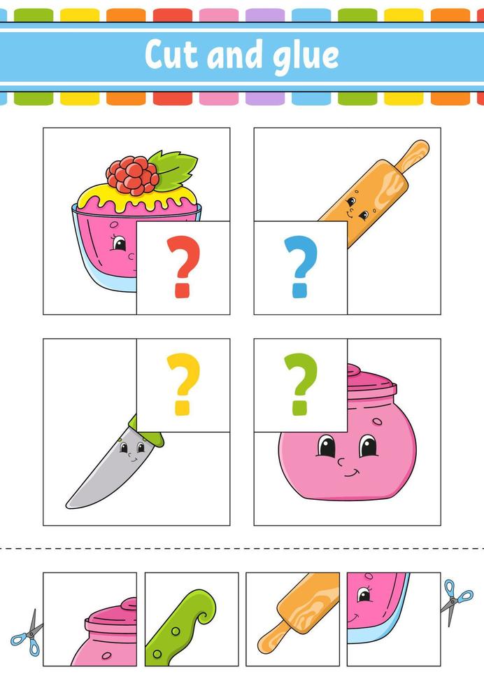 Cut and glue. Set flash cards. Color puzzle. Education developing worksheet. Activity page. Game for children. Funny character. Isolated vector illustration. Cartoon style.