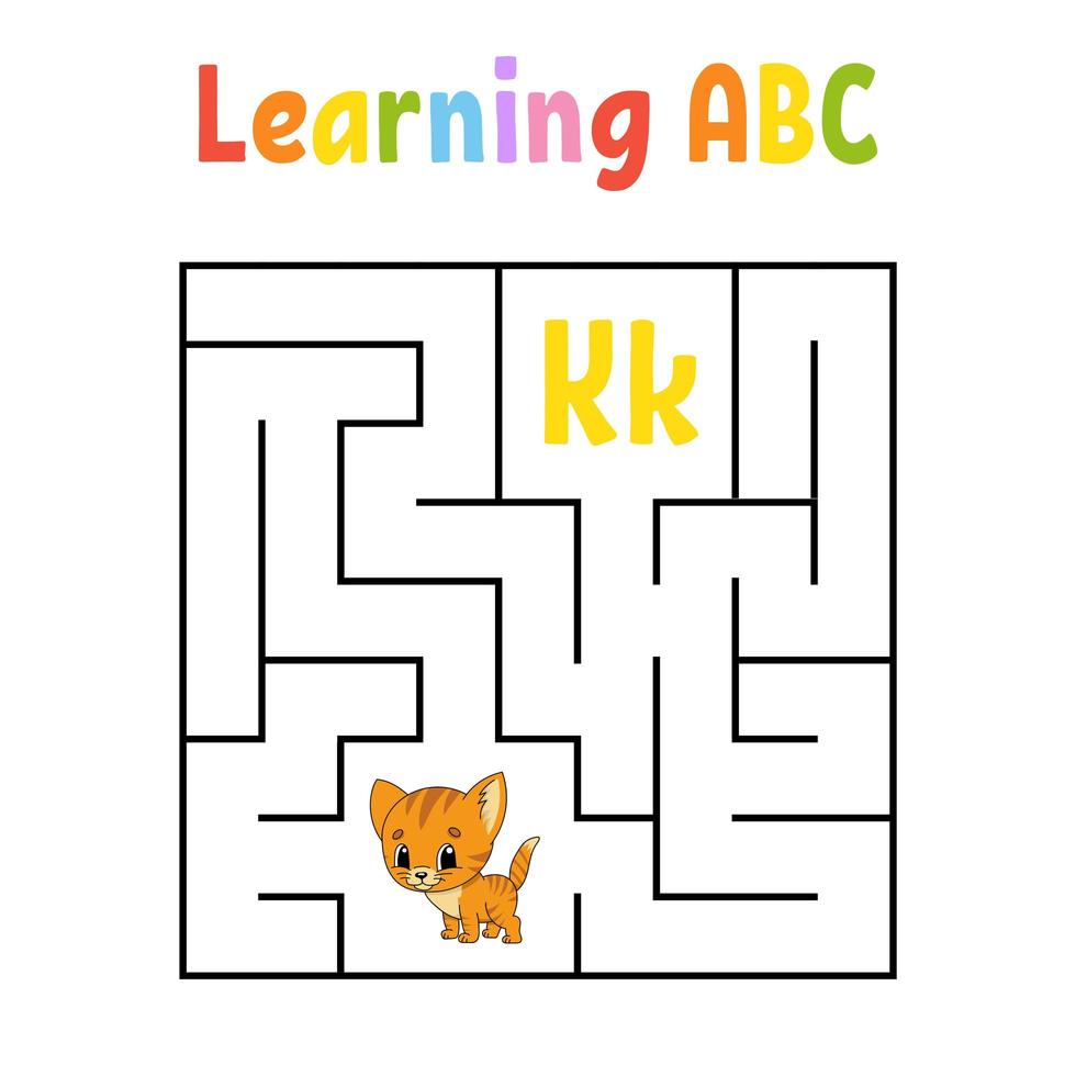 Square maze. Game for kids. Cat animal. Quadrate labyrinth. Education worksheet. Activity page. Learning English alphabet. Cartoon style. Find the right way. Color vector illustration.