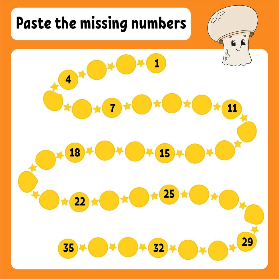 Paste the missing numbers. Handwriting practice. Learning numbers for kids. Education developing worksheet. Color activity page. Mushroom champignon. Isolated vector illustration in cartoon style.